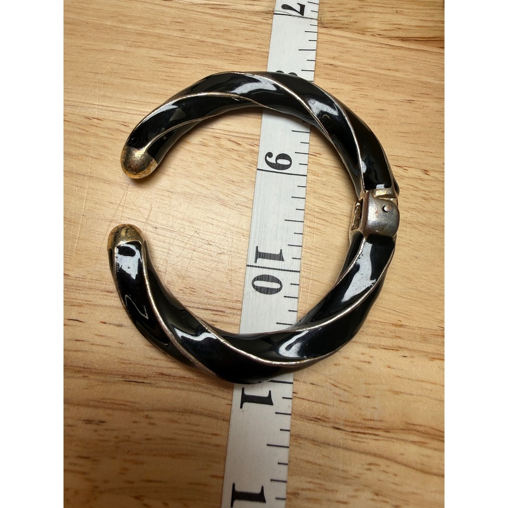 Vintage Gold Silver Tone Black Enamel Hinge Bypass Cuff Bracelet 80s Glam Retro
